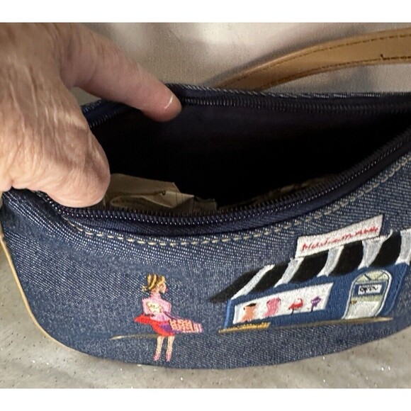 Unbranded Denim Embroidered Shoulder Bag Vegan Leather Trim - Picture 3 of 7